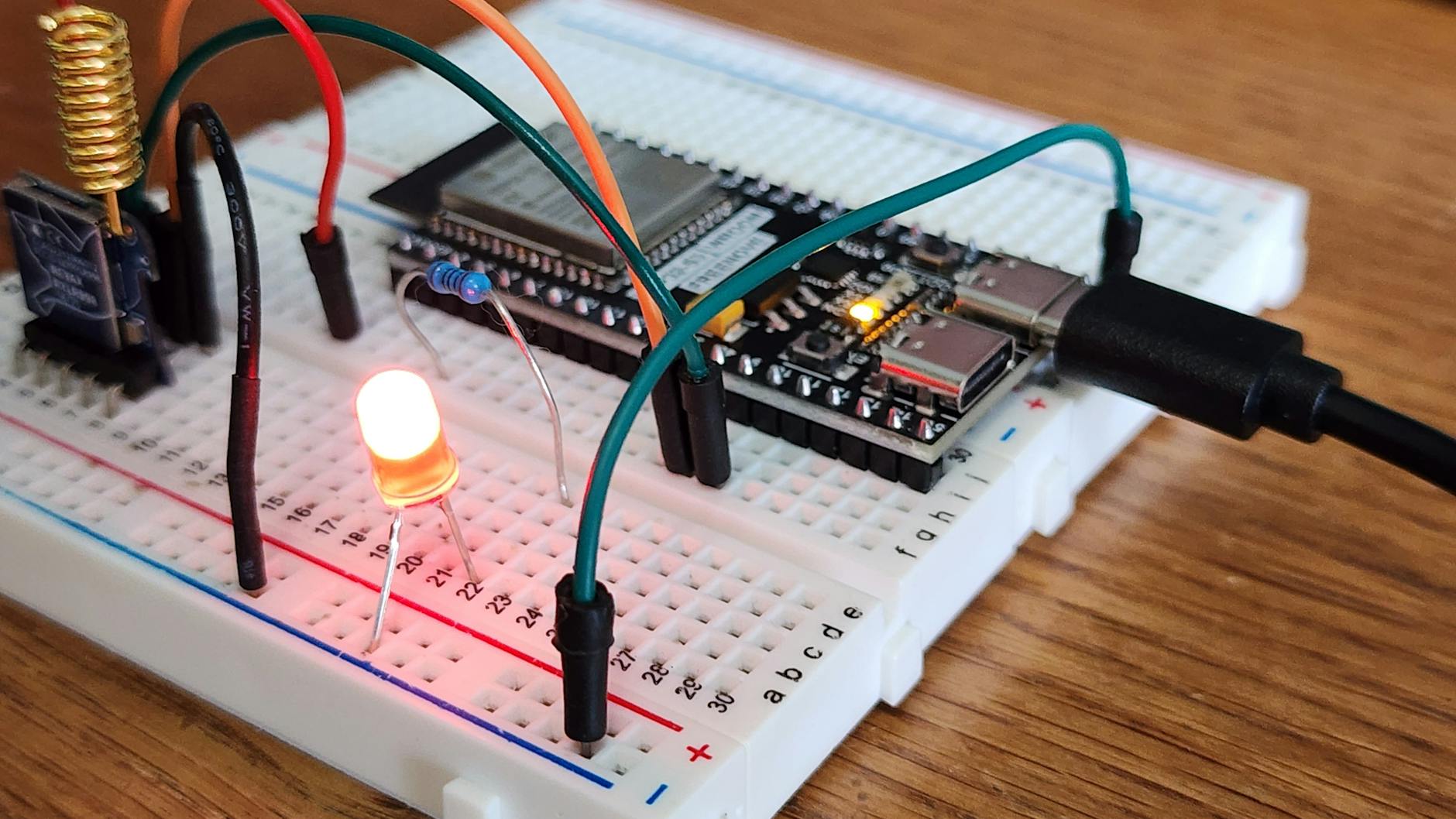 close up of an electronics breadboard circuit